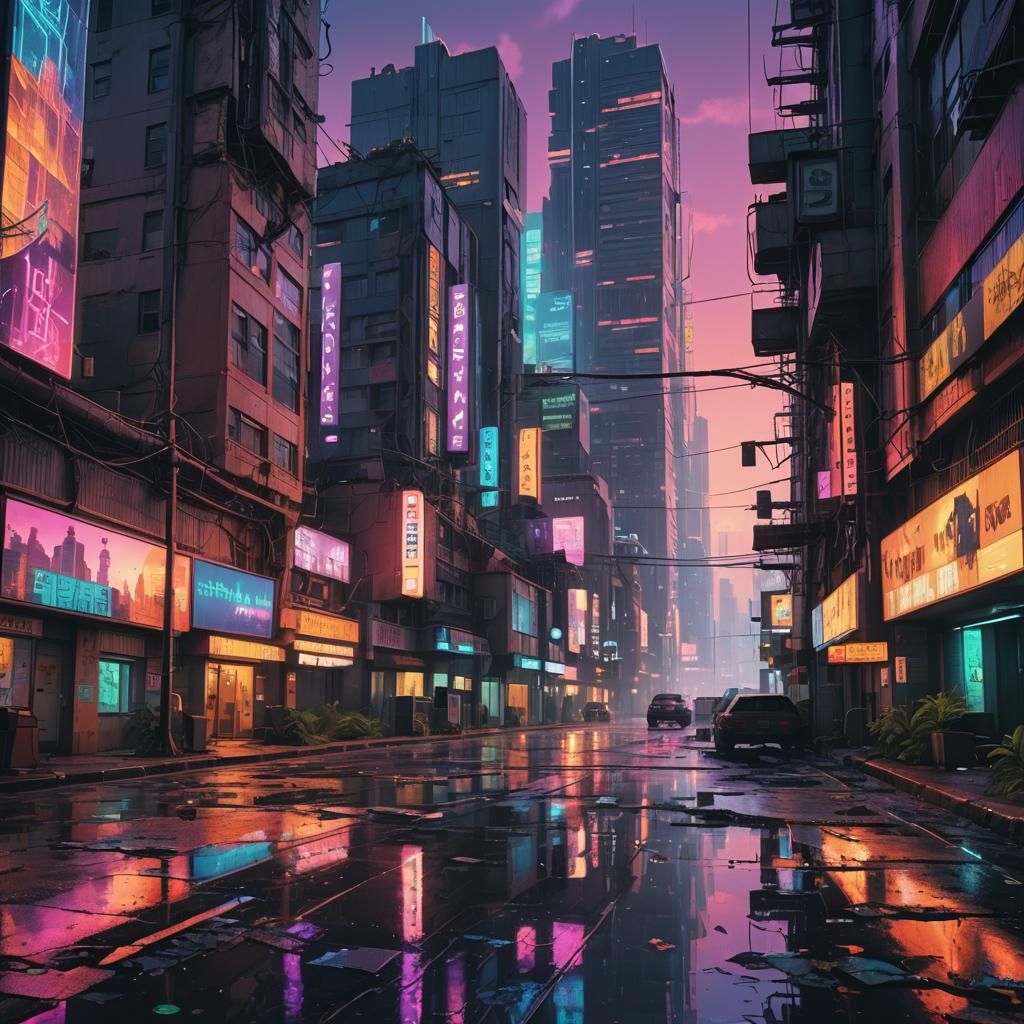 Glitchy Retrofuture Cityscape with Neon Lights