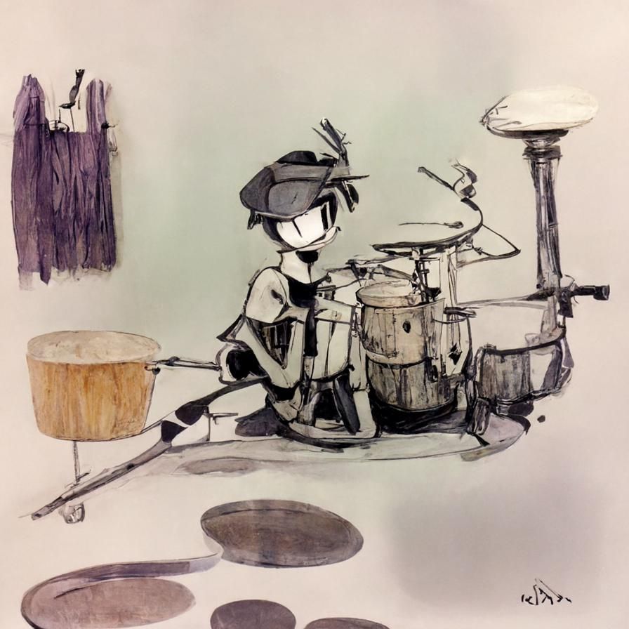 Cel-Shaded Ink Drawing of a Drummer