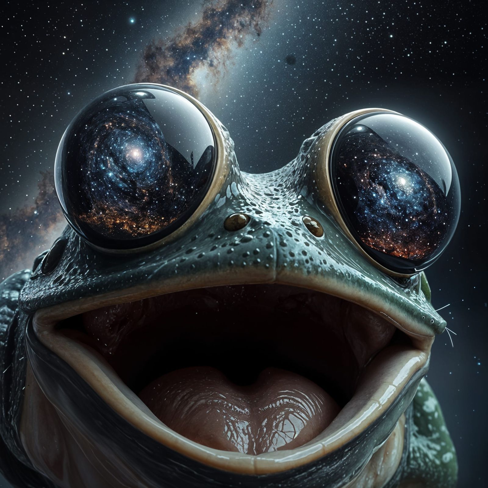 Surprised Frog Reflects the Cosmos: 3D Render