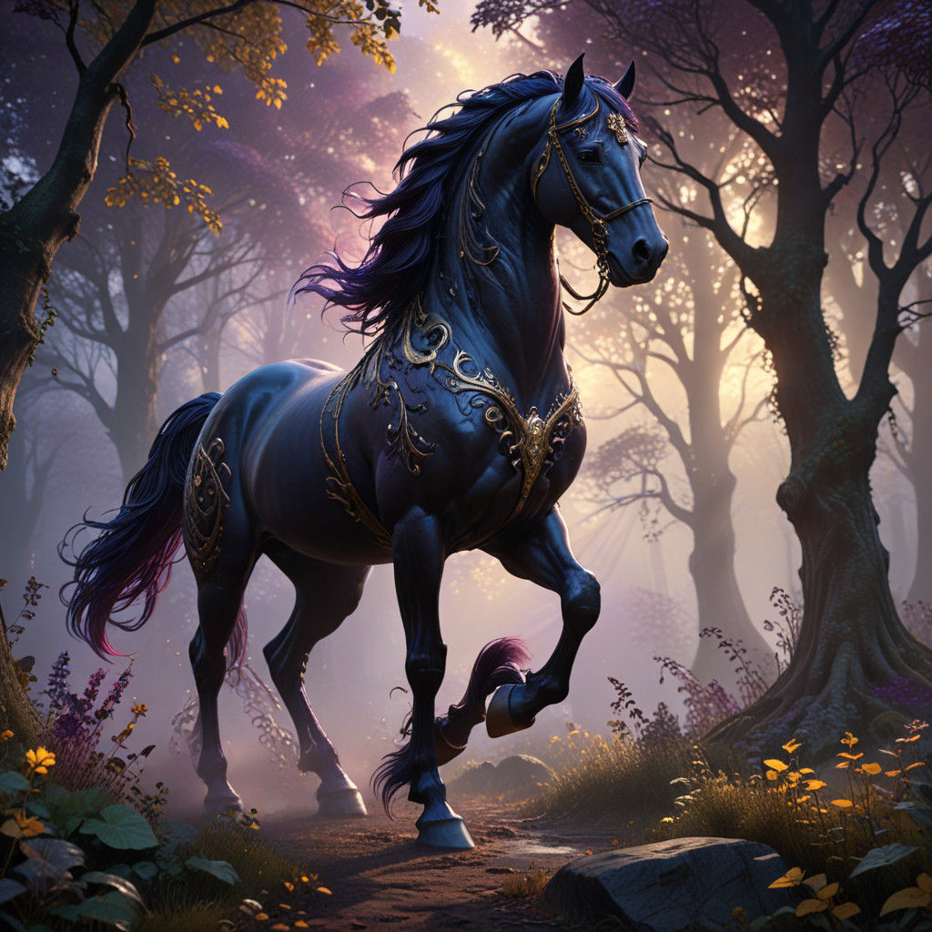 Glowing Black Steed Emerges from Misty Forest in Cyberpunk S...