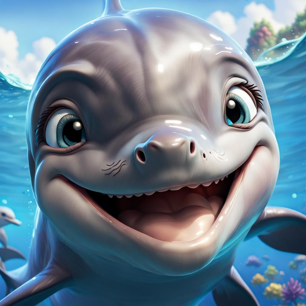 Joyful Cartoon Dolphin Close-up: Disney Style