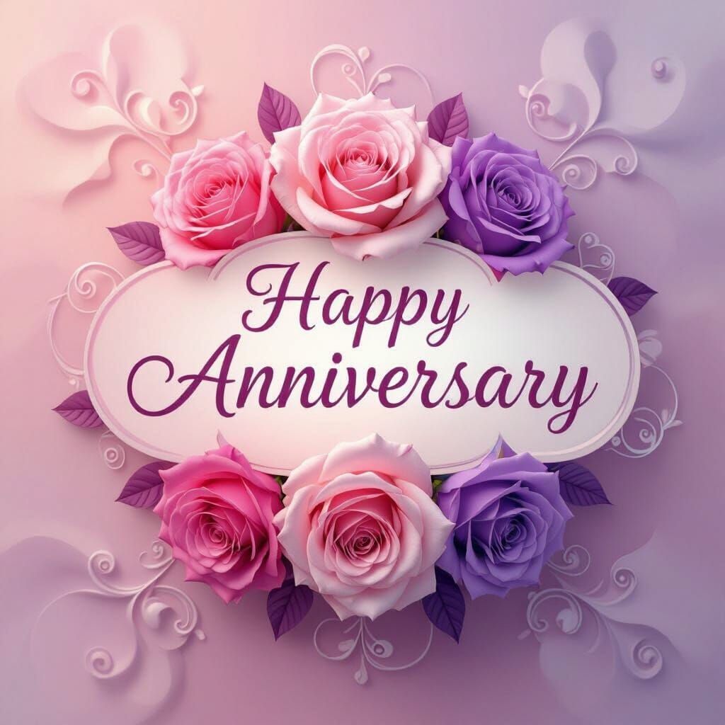 Pink and Purple Anniversary Roses with Elegant Script