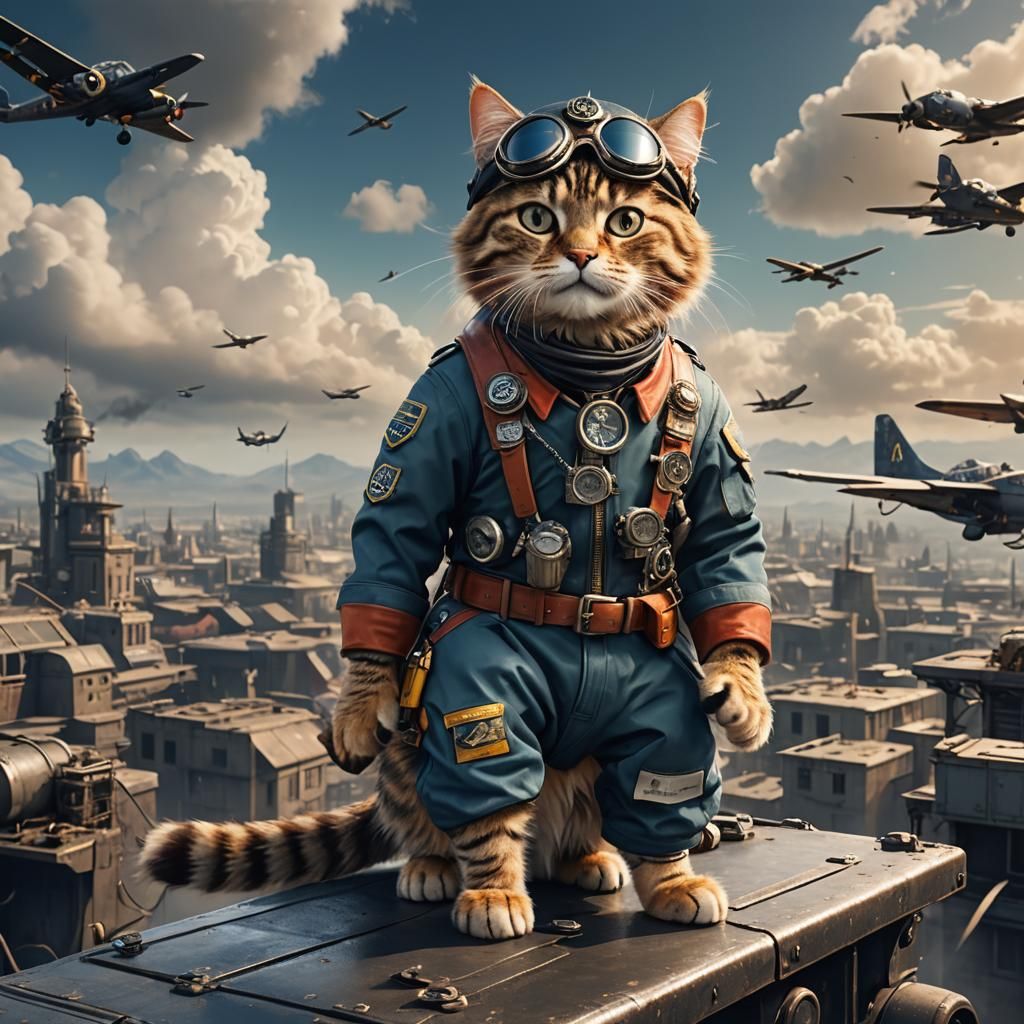 Cat Aviation Pilot in Detailed Matte Painting