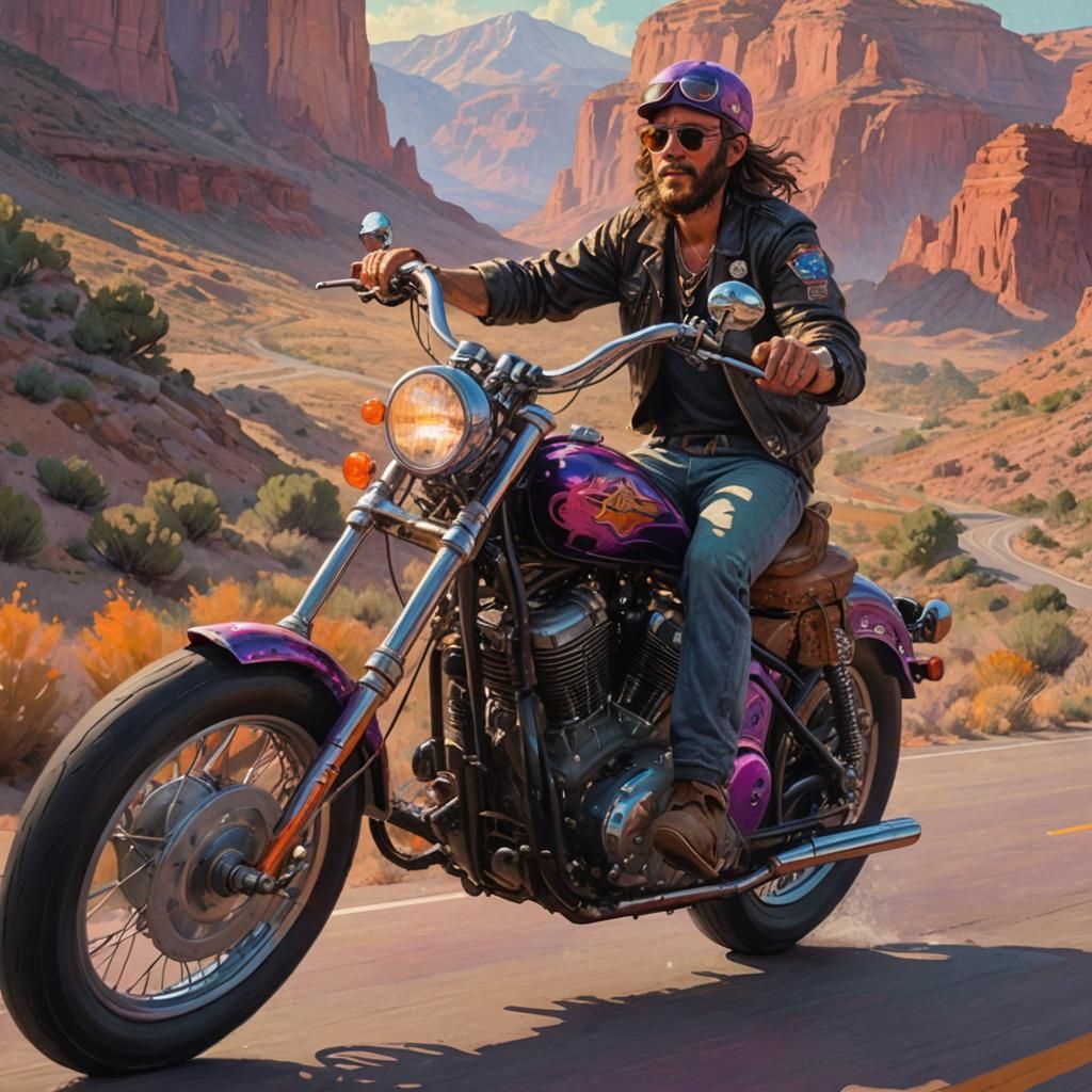 Hippie Rides Bobber on Utah Highway in Vibrant Realism