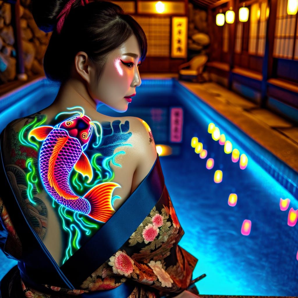Neon Koi Tattoo in Cyberpunk Japanese Bath