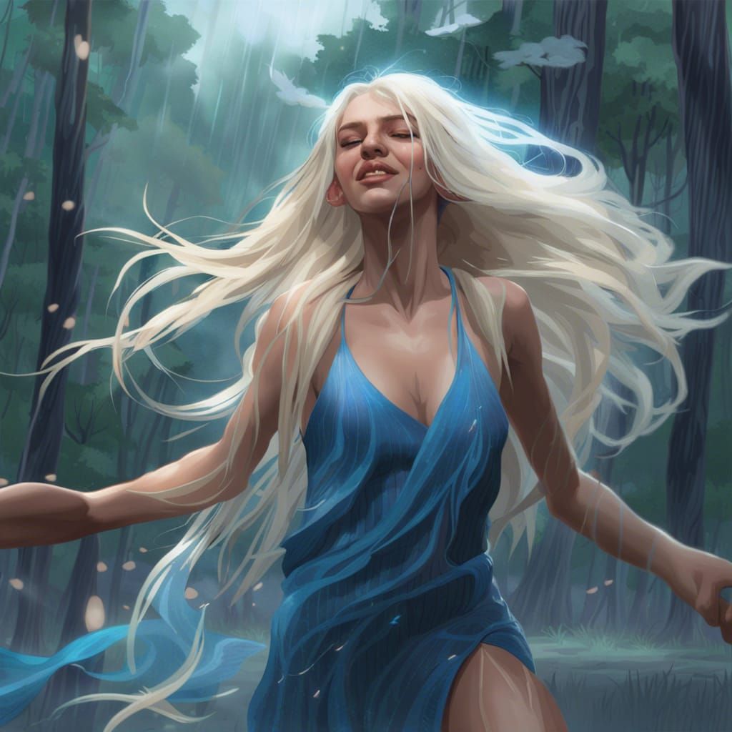 Woman Dancing in Rain: Hyperdetailed Art Nouveau Portrait