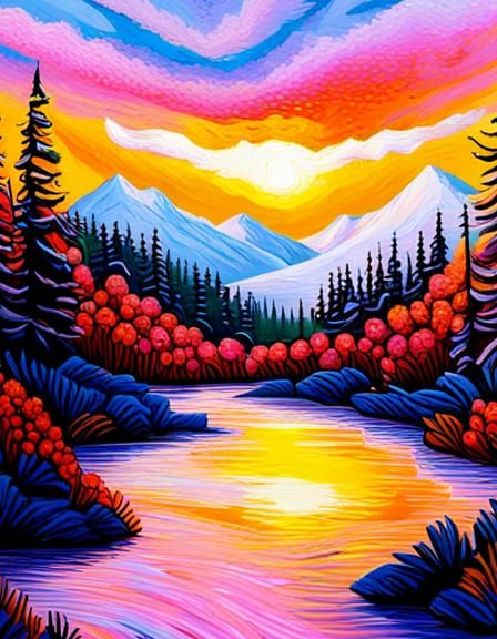 Snowy Forest River at Sunset in Impasto Style