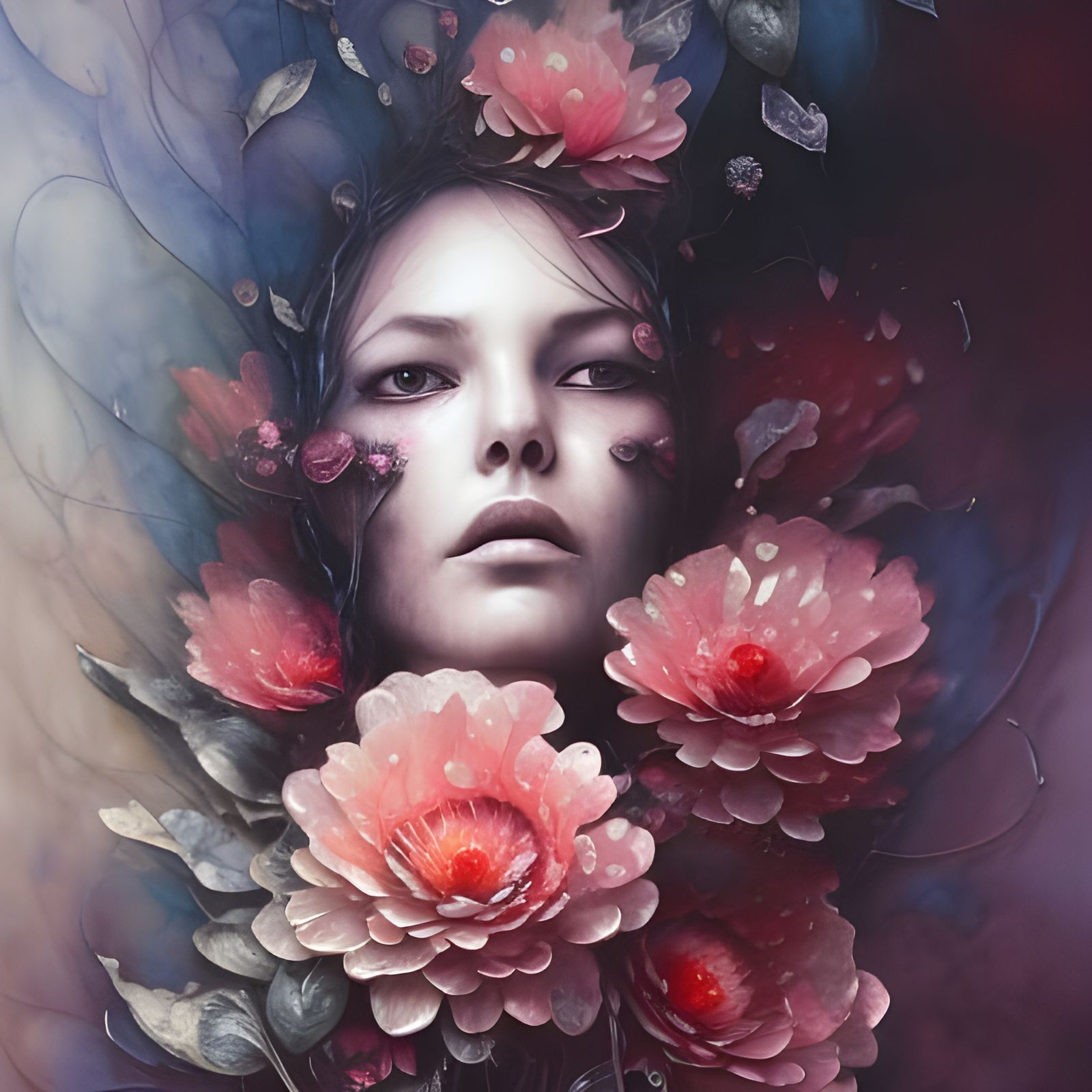 Face lost in flowers