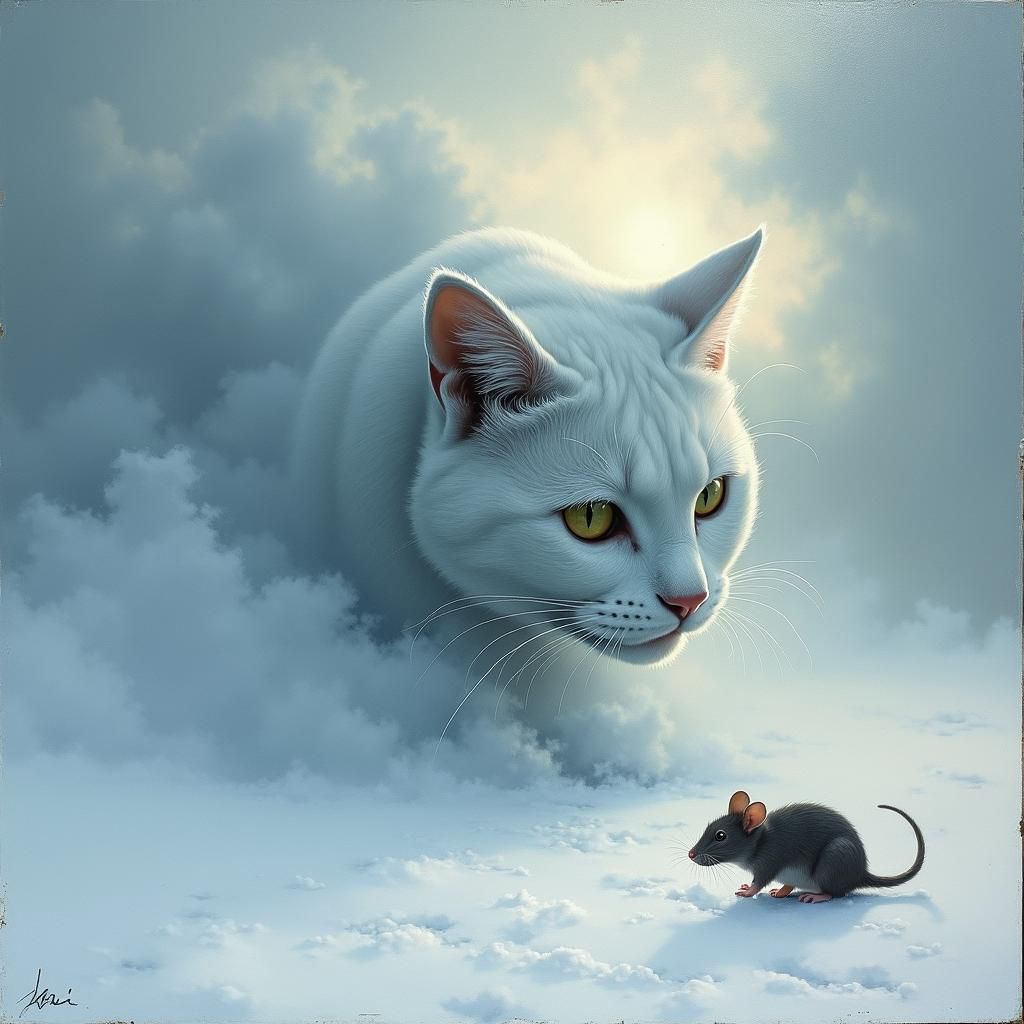 Ethereal Cat Emerges from Cloudy Winter Scene
