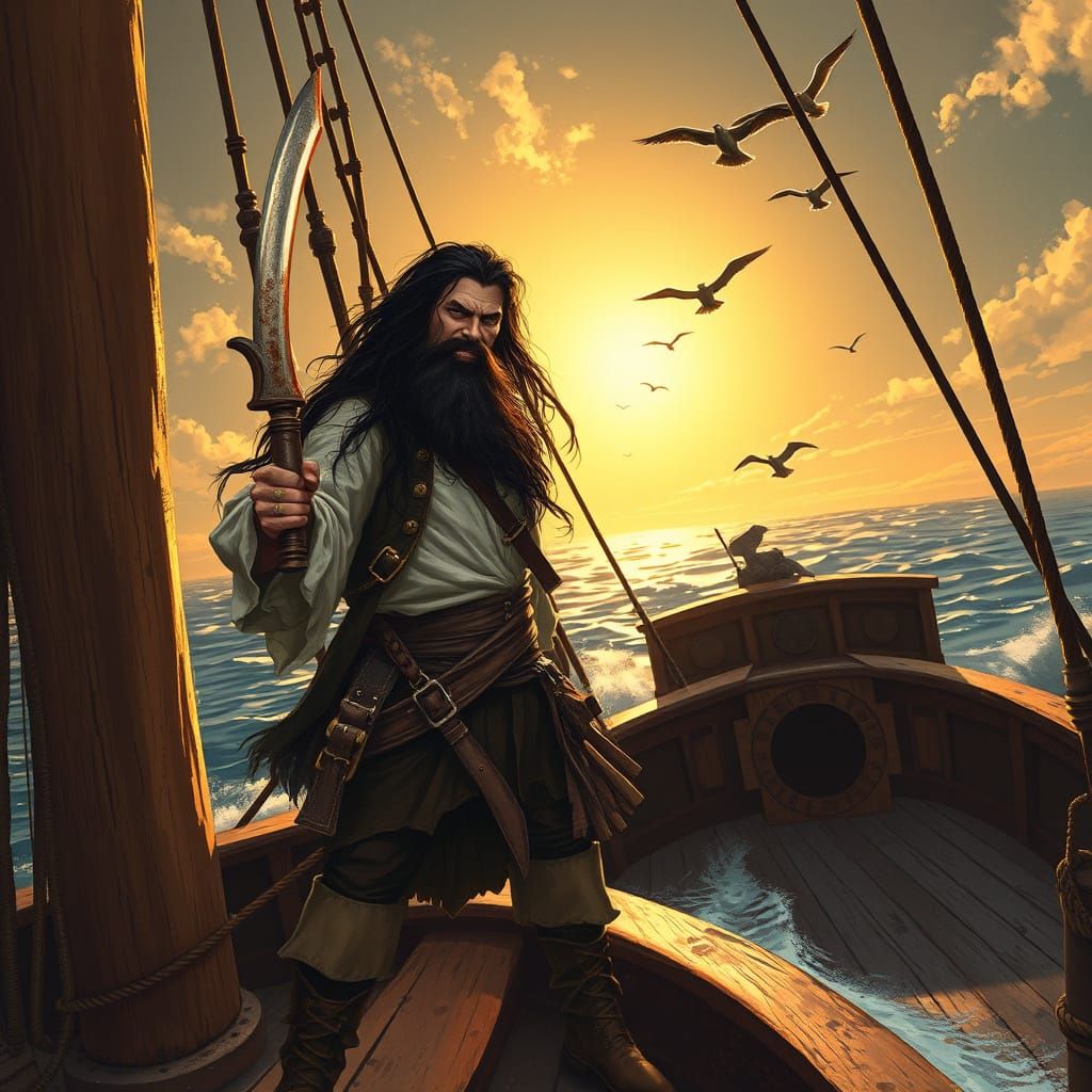 Pirate with Cutlass on Ship Deck