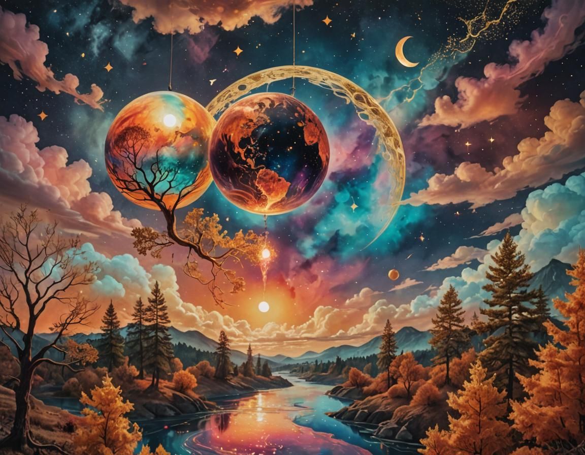 Fiery Planet and Moon in Surreal Collage