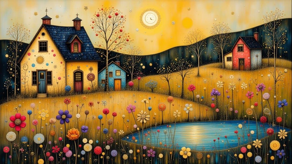 Colorful Village Scene in Naive Folk Art Style