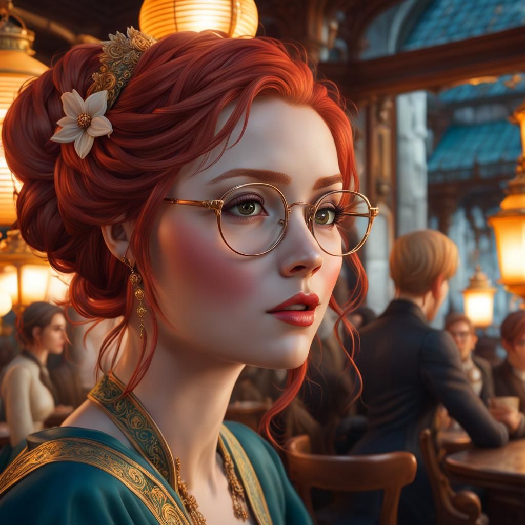 Gorgeous Redhead in Cafe: Rococo Hyperdetailed Art