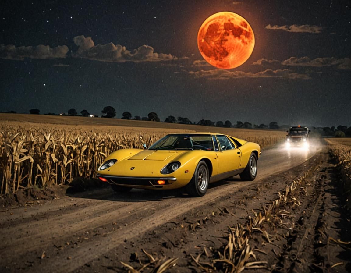 Yellow Lamborghini Miura at Night Under Red Moon