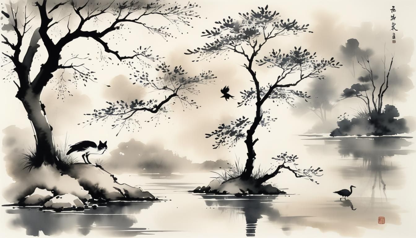 Sumi-e catbird at the lake