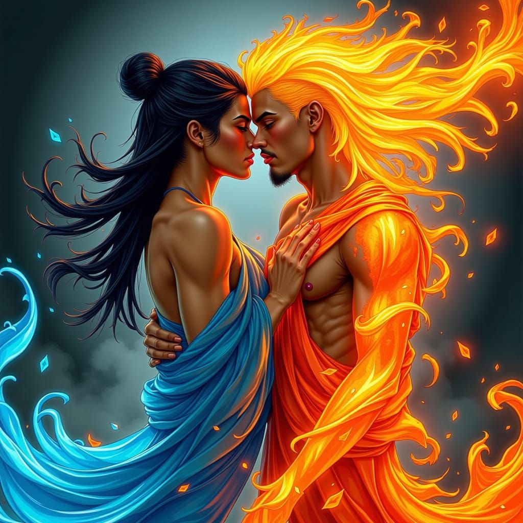 Fire and Water Spirits Embrace in Steamy Love, Art Nouveau N...