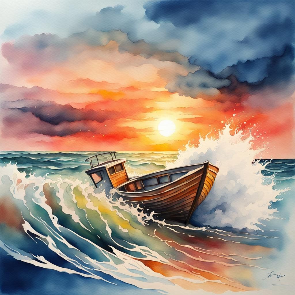 Sunset Sea Waves: Abstract Watercolor Splash Art