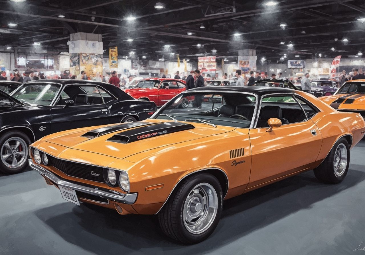 Iconic Muscle Cars Gleaming at Indoor Car Show