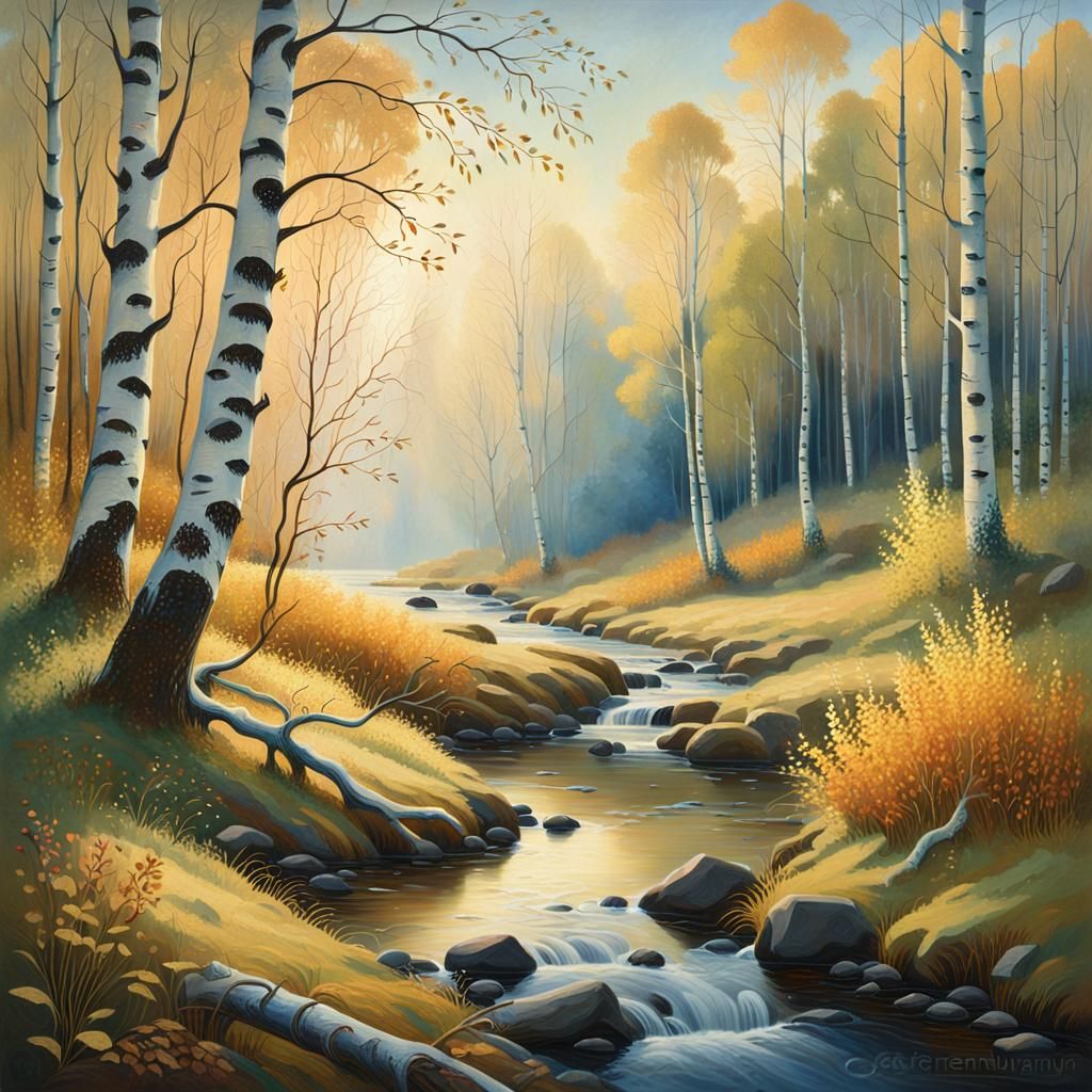 Autumnal Birch Forest Stream in Art Nouveau Style