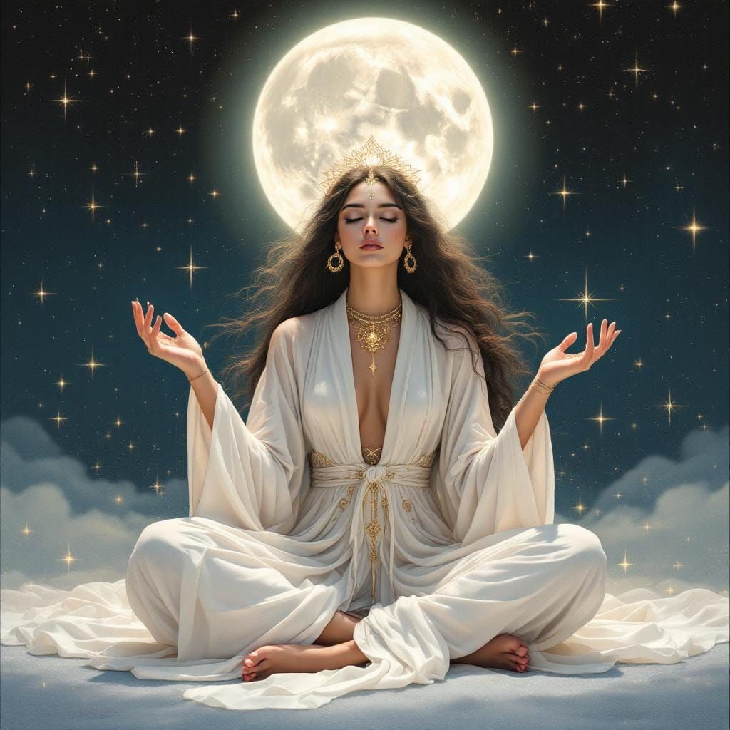 Celestial Goddess Meditating Under Moonlight in Art Nouveau ...