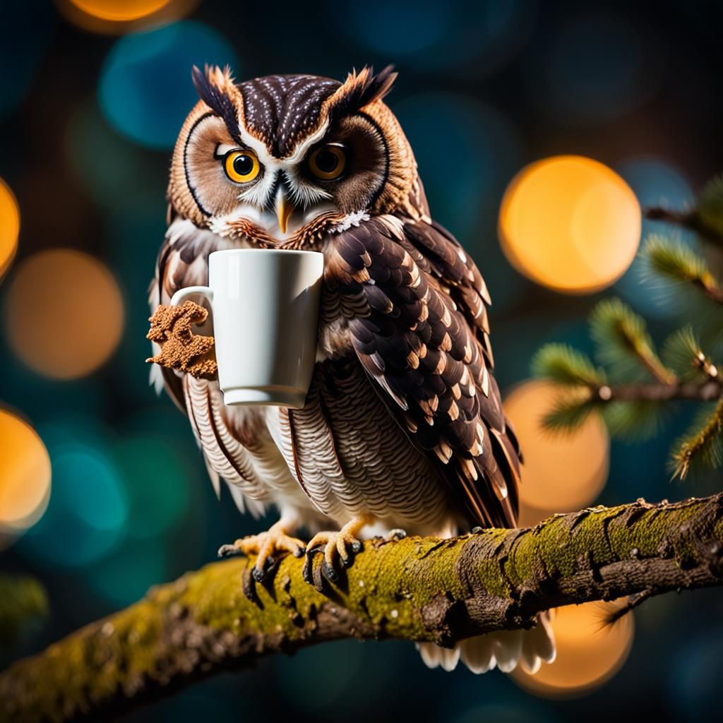 Night Owl with Coffee Cup: Macro Photography