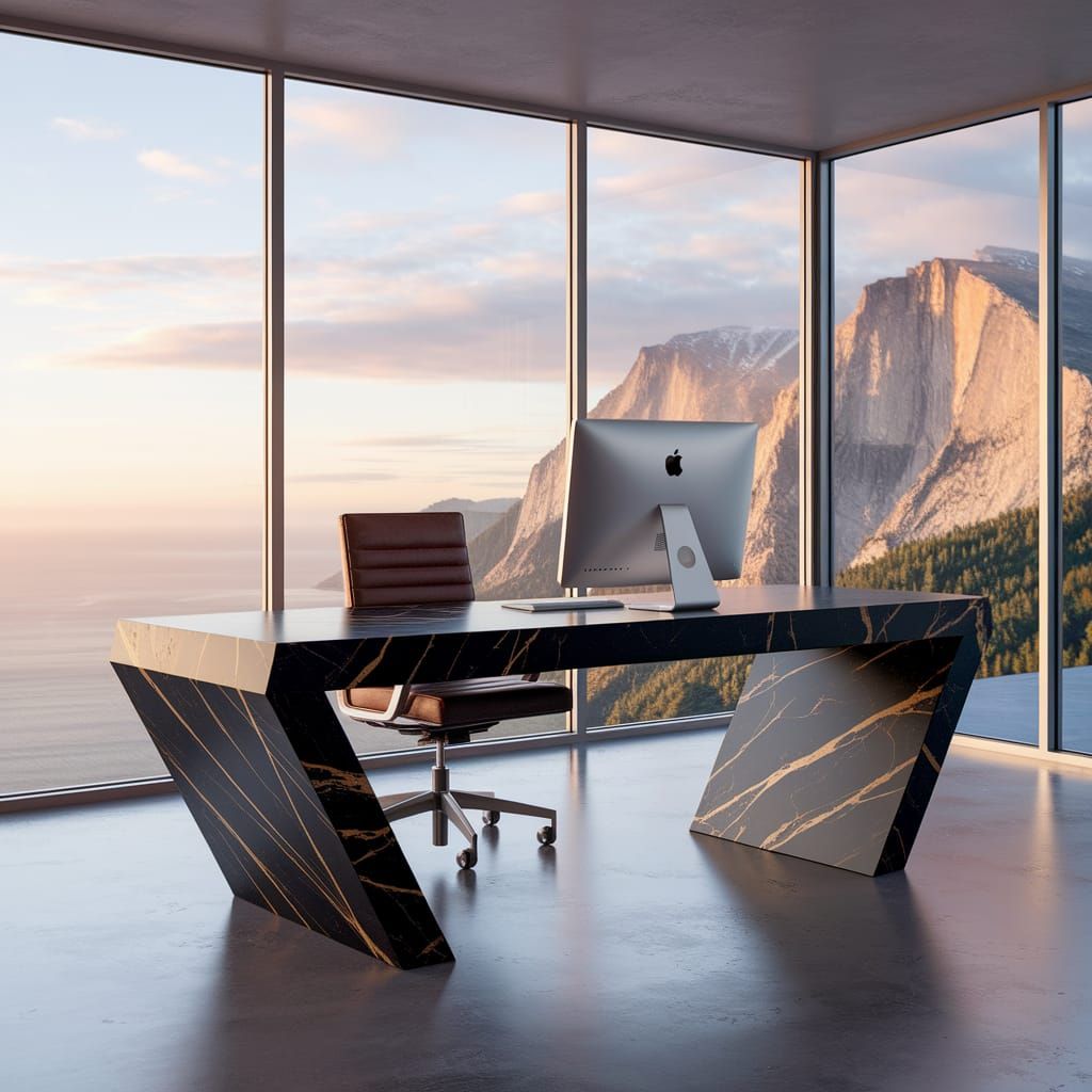 Sleek Futuristic Office with Art Concrete Desk and Floor-to-...