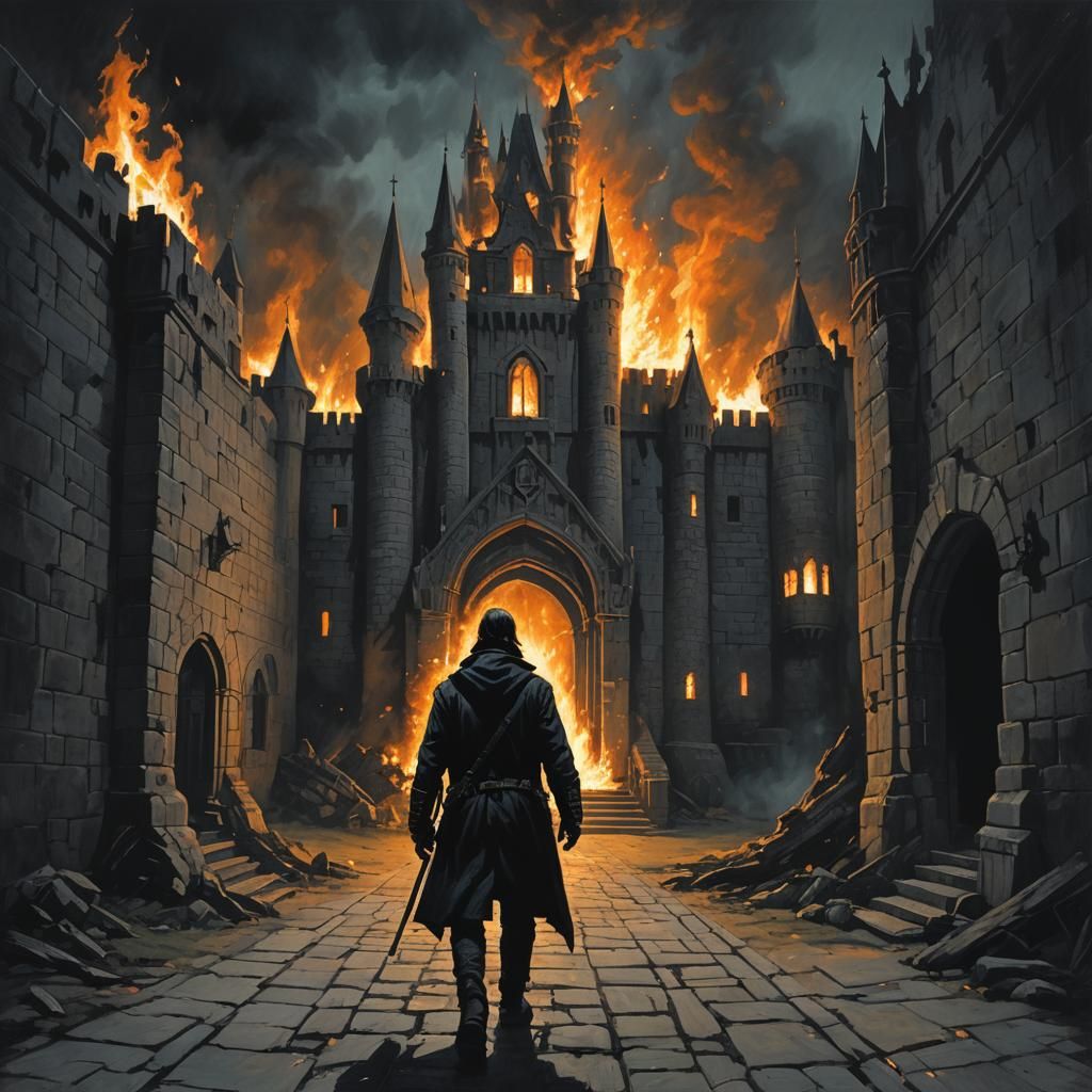 Sinister Figure Enters Burning Castle at Night