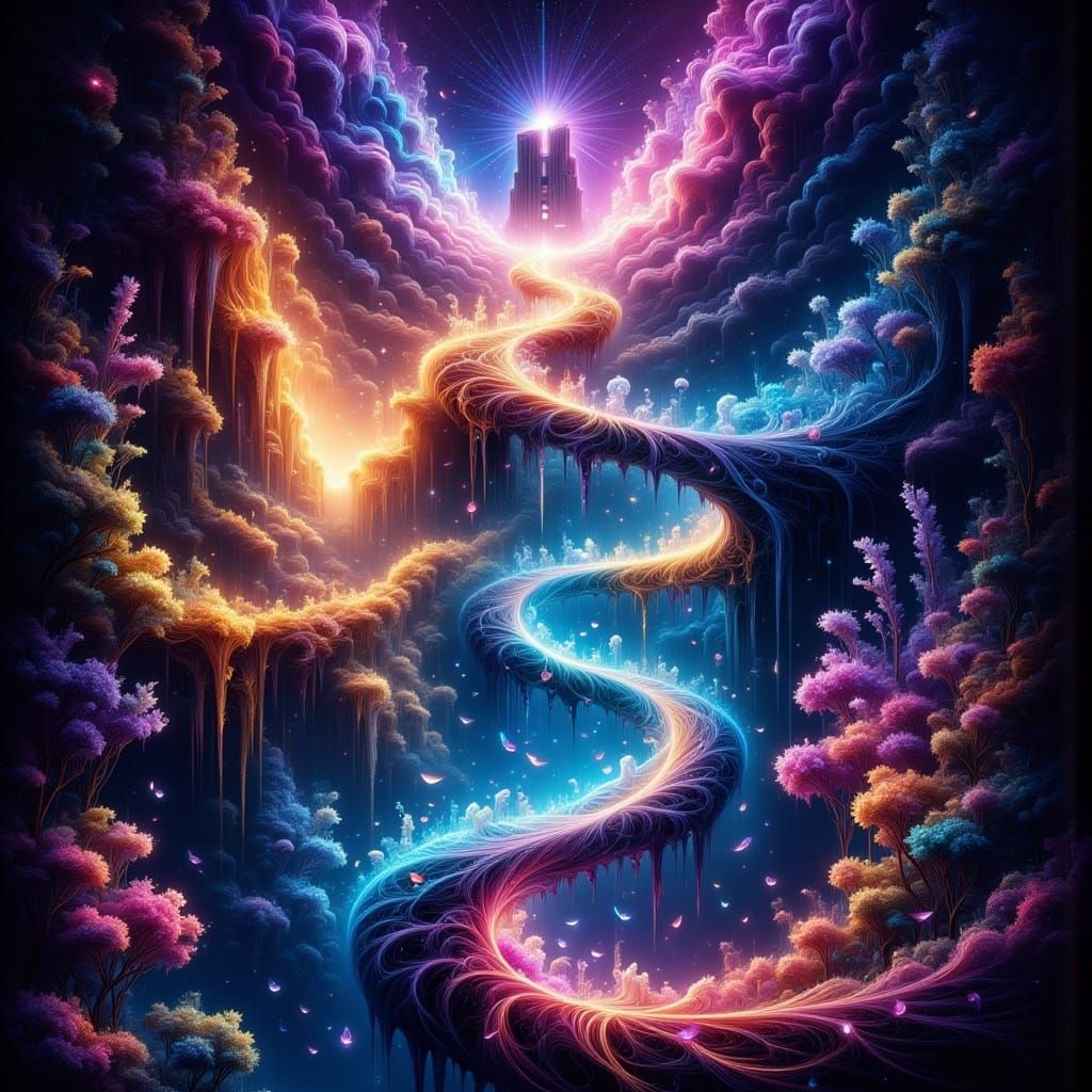 Surreal Bridge to Multiverse Realms in Neon Pop Art