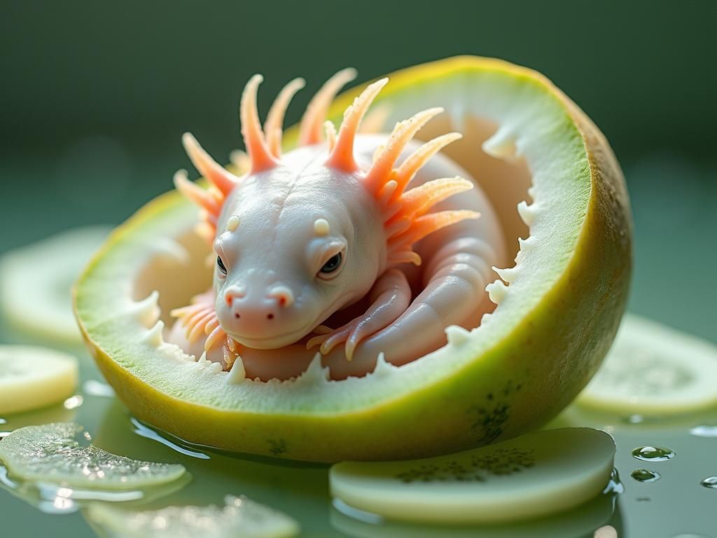 Vibrant Axolotl Resting in Honeydew Melon