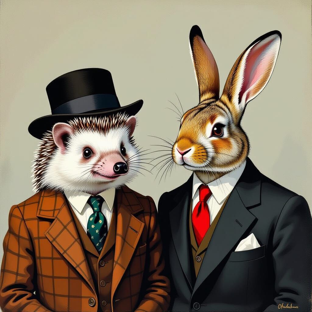 Hedgehog and Rabbit in 1950s Fashion, Modern Art Style