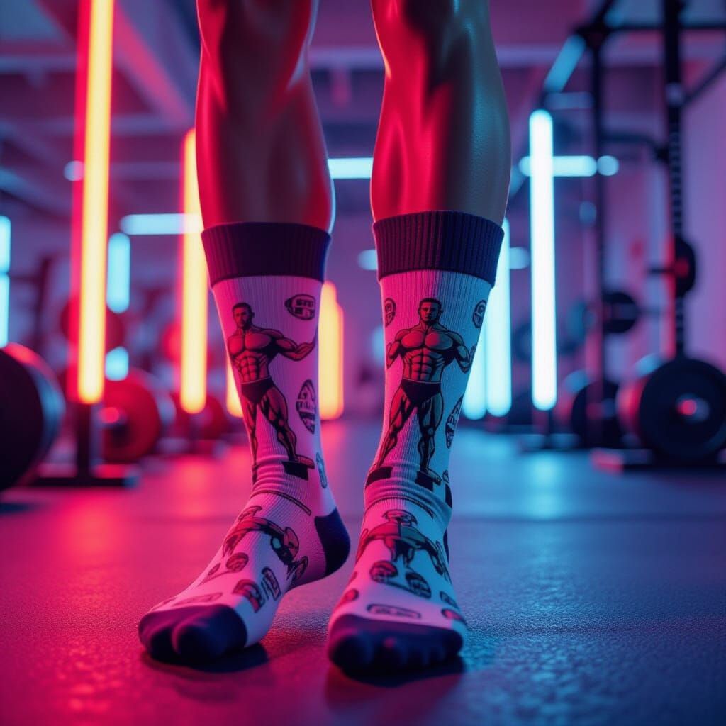 Hyperrealistic Socks with Miniature Bodybuilders in Neon Gym