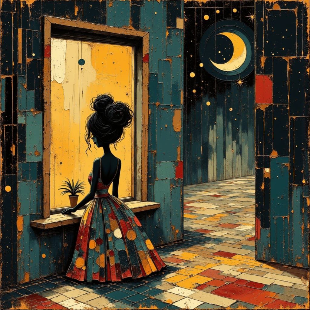 Girl in Nightgown with Earth and Moonchild Christmas Style