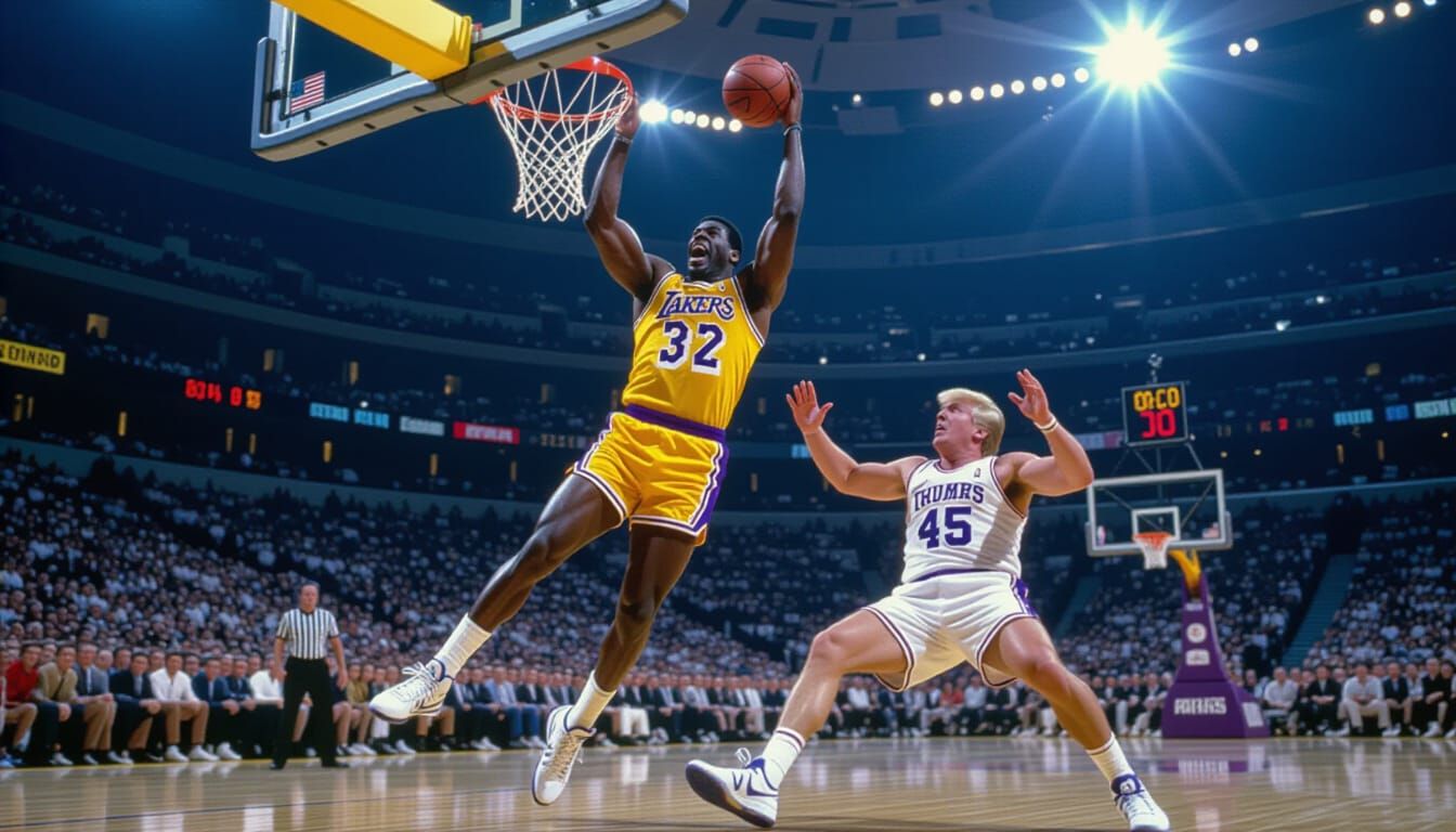 Magic Johnson Dunks on Trump: Photorealistic Sports Art