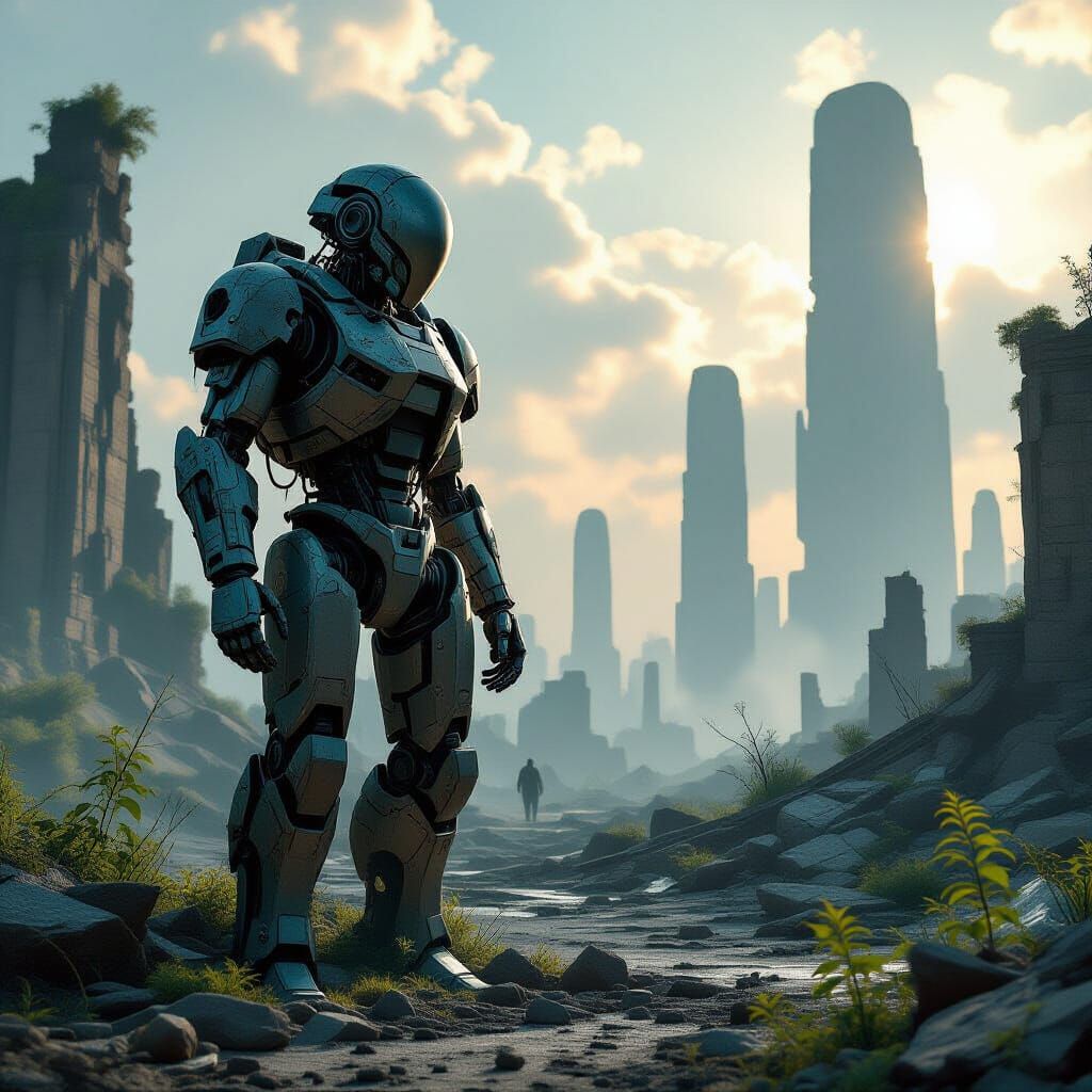 Battle-Worn Robot in Alien City Ruins