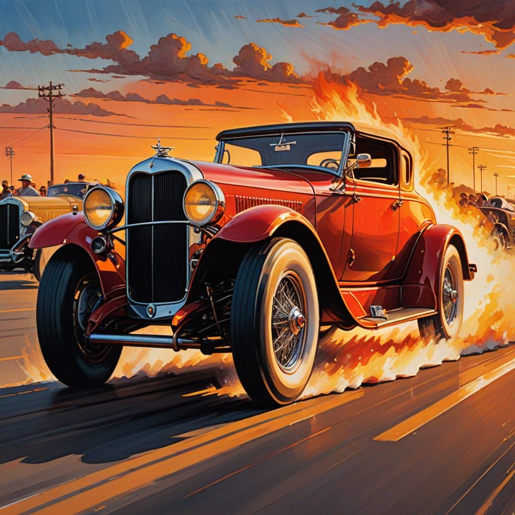 Hot Rod Lincoln Races in Vintage Gouache Painting