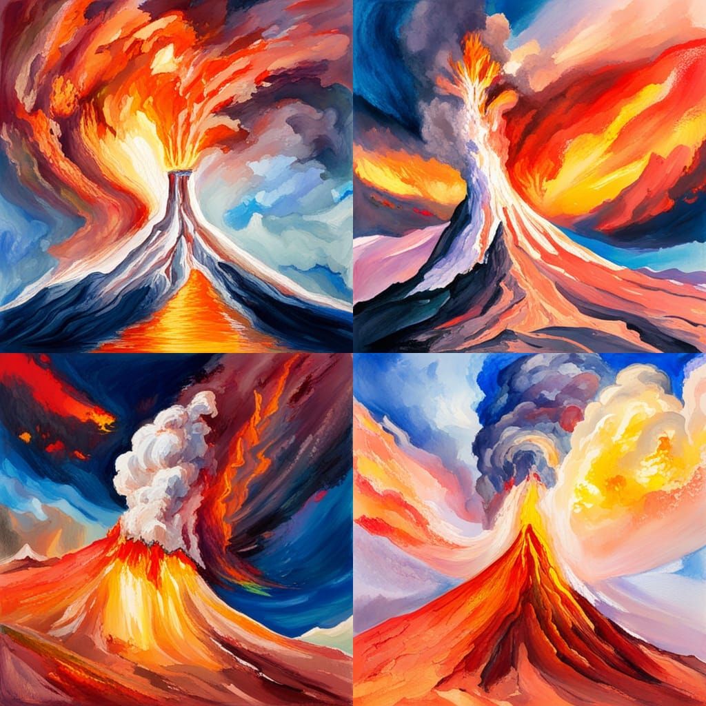 Erupting Volcano in Impressionist Gouache Style