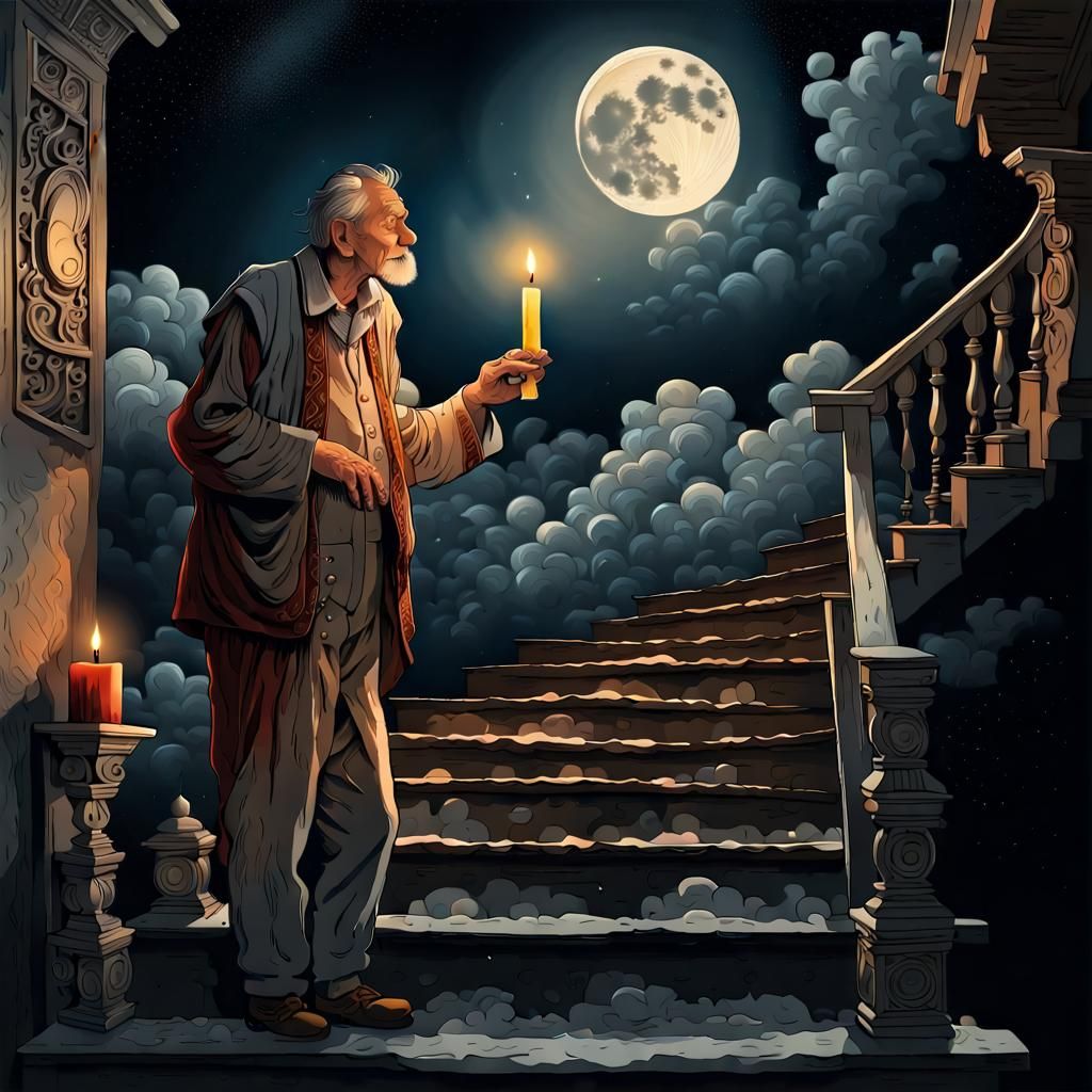 Old Man Ascends to Heaven in Folk Art Style