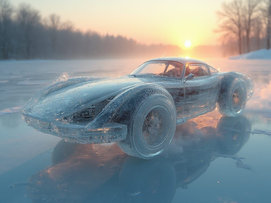 Ethereal Ice Sports Car at Sunset