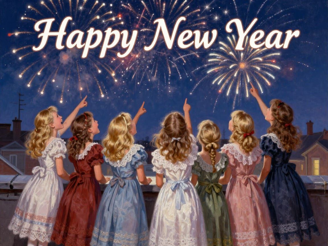 Joyful Girls Watch Fireworks on Rooftop in Oil Painting Styl...