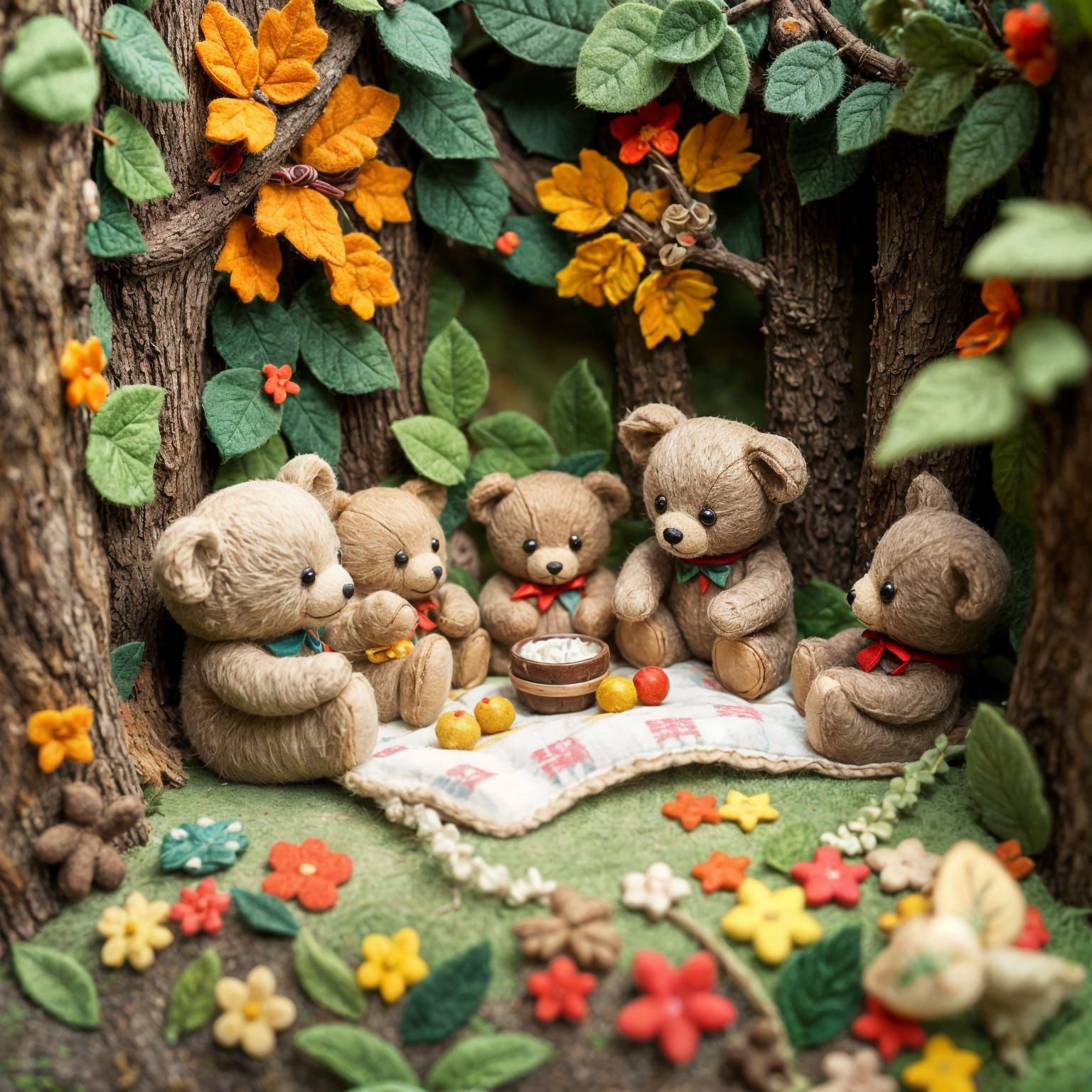 Felt Diorama of Teddy Bears Having a Picnic