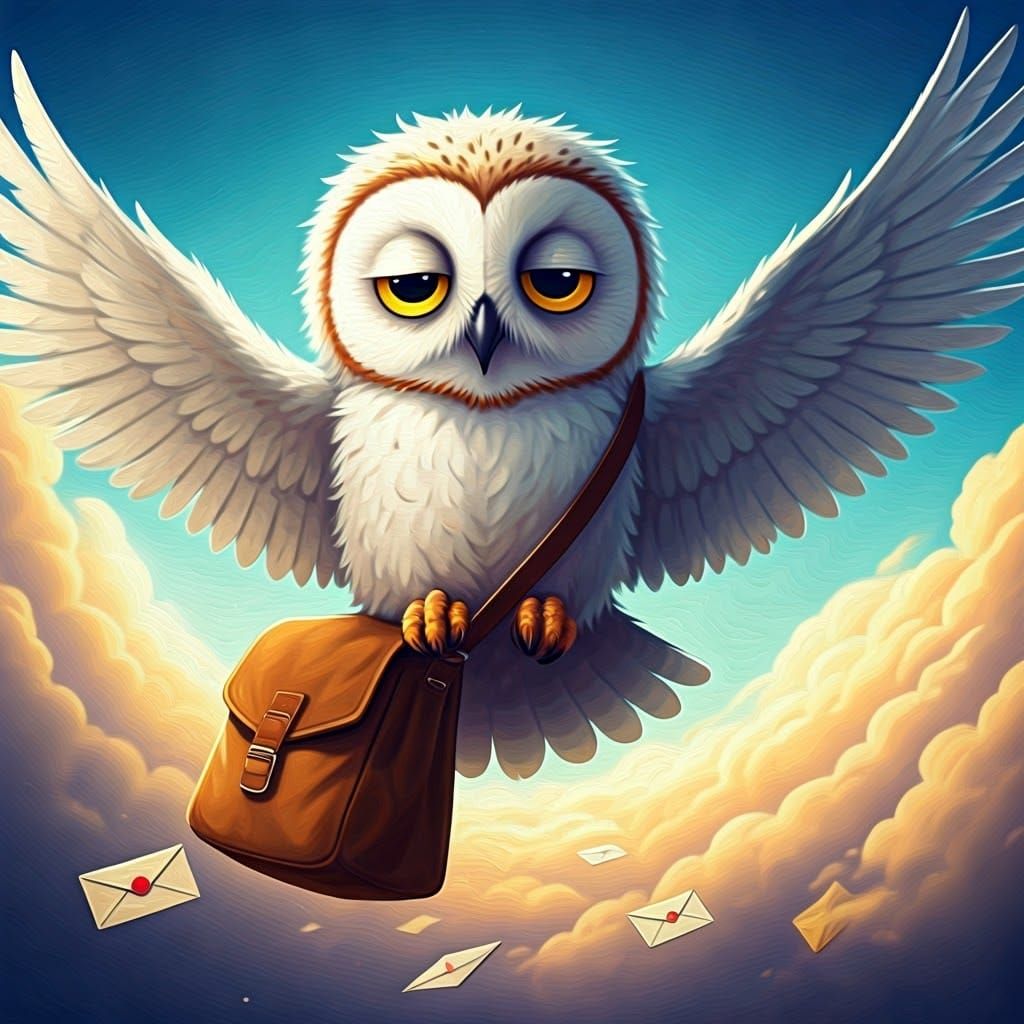 Tired Adorable Owl Carrier in Heaven Scene