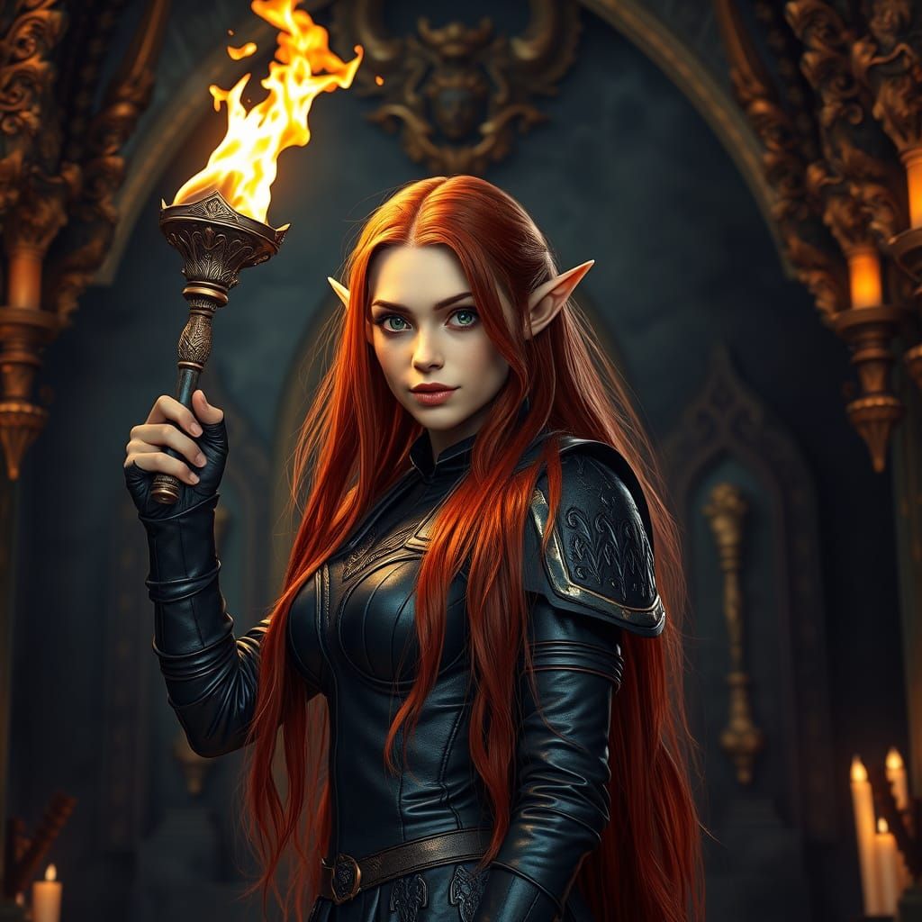 Elegant Elf Illuminates Ornate Dungeon with Flaming Torch