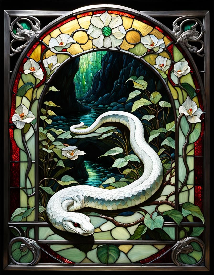 Stained Glass White Snake Portrait in Art Nouveau Style