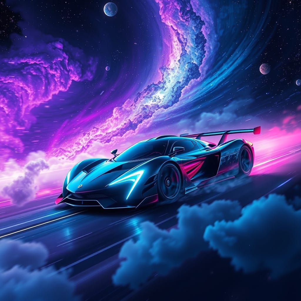 Sleek Hypercar Speeds Through Vibrant Galaxy in Cyberpunk St...