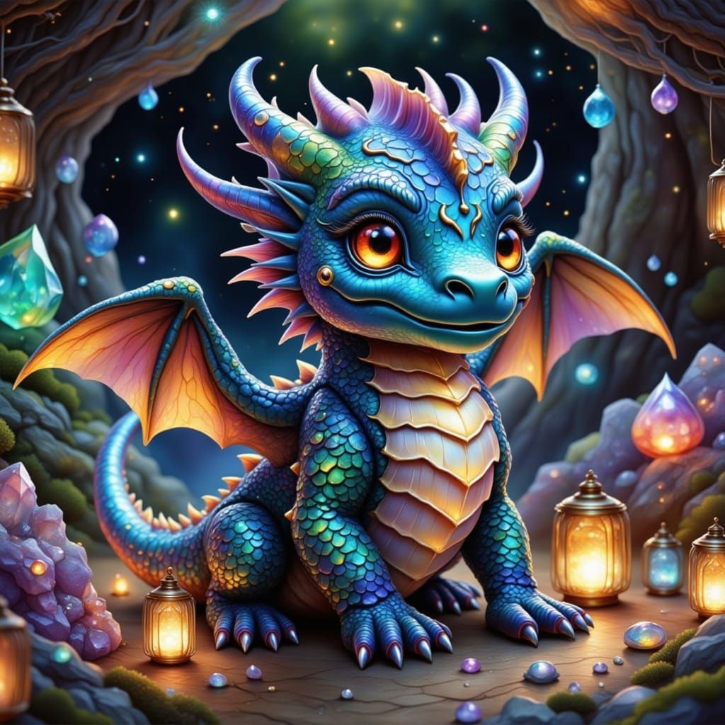 Cute Chibi Dragon on Opal Crystals in Lantern Light