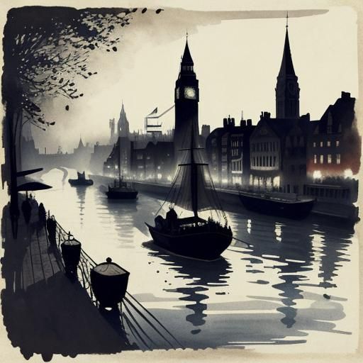 Steampunk Boat on Thames in Ink Painting Style