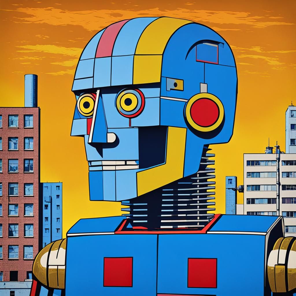 Cyborg Robot in Pop Art Style With Blue Sky