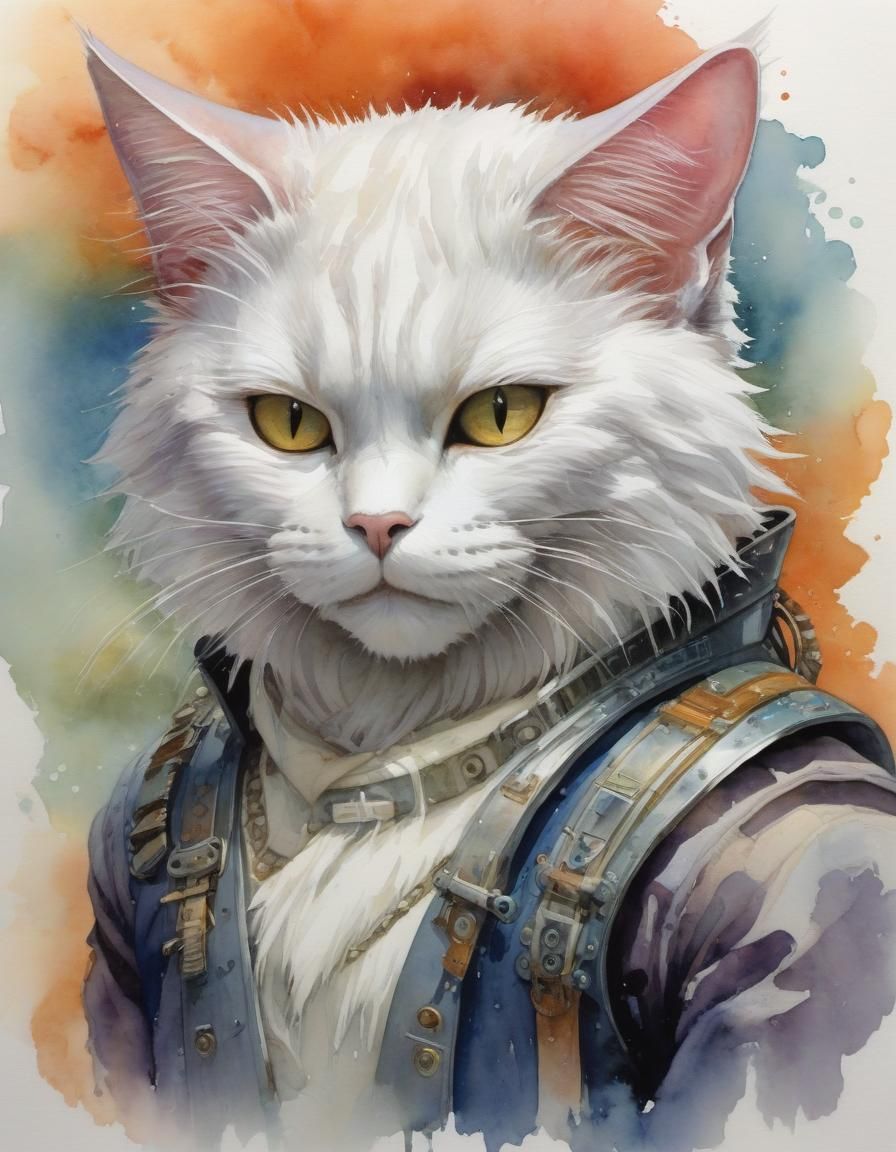 Crypto Cat Keyboard Warrior in Watercolor Style