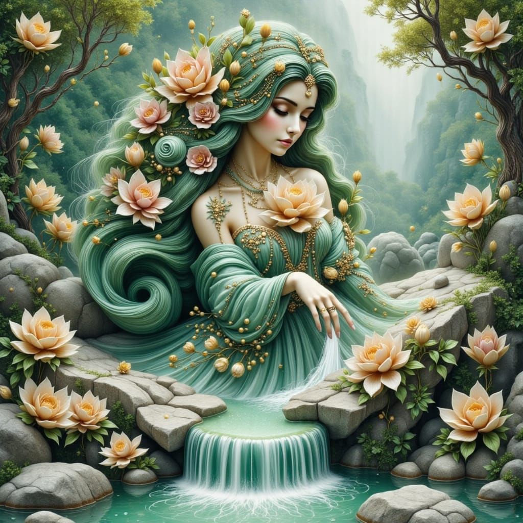 Giant Stone Hand Waterfall with Painterly Details