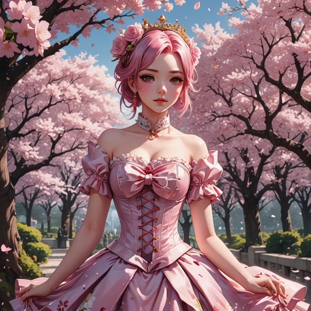 Girl in Pink Dress Under Cherry Blossom, Anime Style